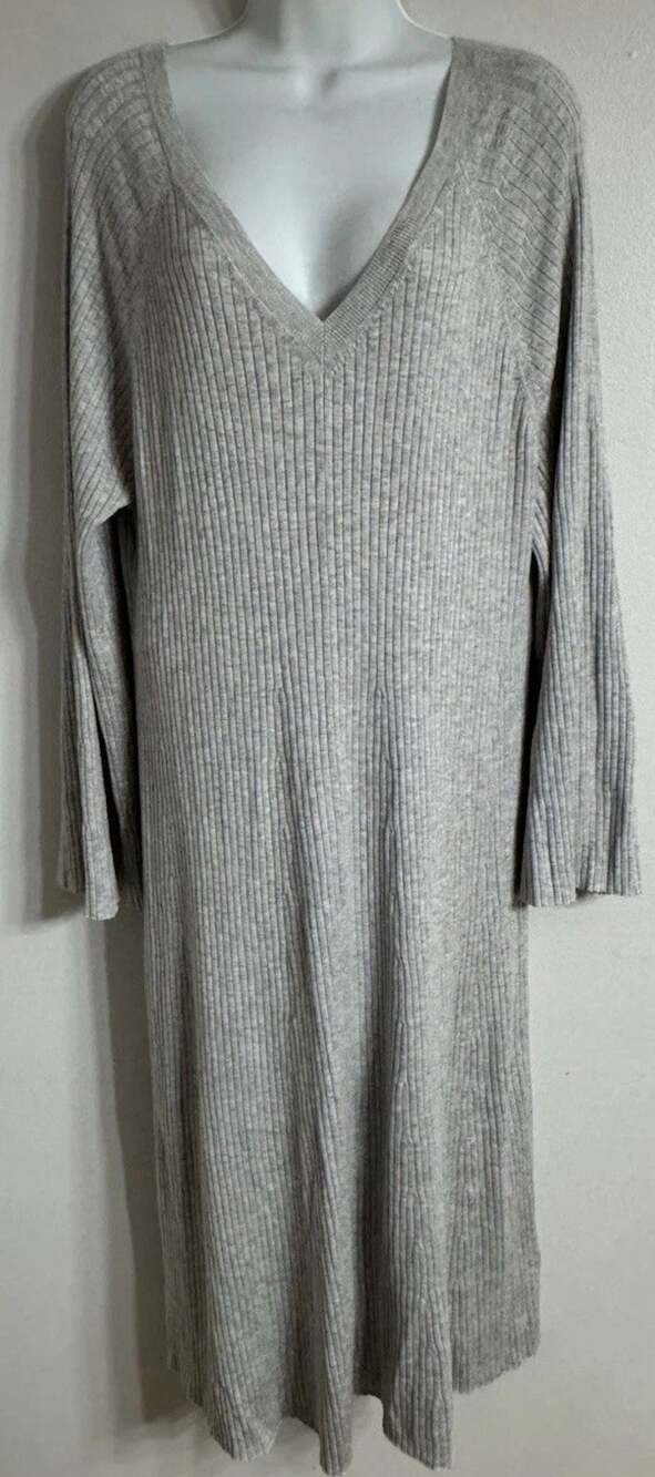 J.Crew Ribbed V-Neck Midi Sweater Dress Bell Sleeves Knit Women's XL Grey NWOT